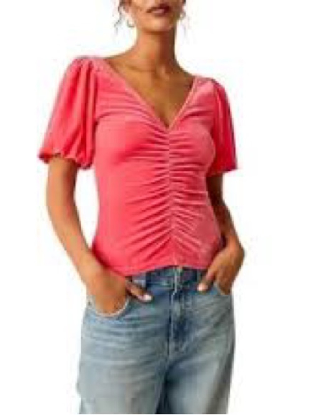 Free People Coral Ruched V-Neck Puff Sleeve Top